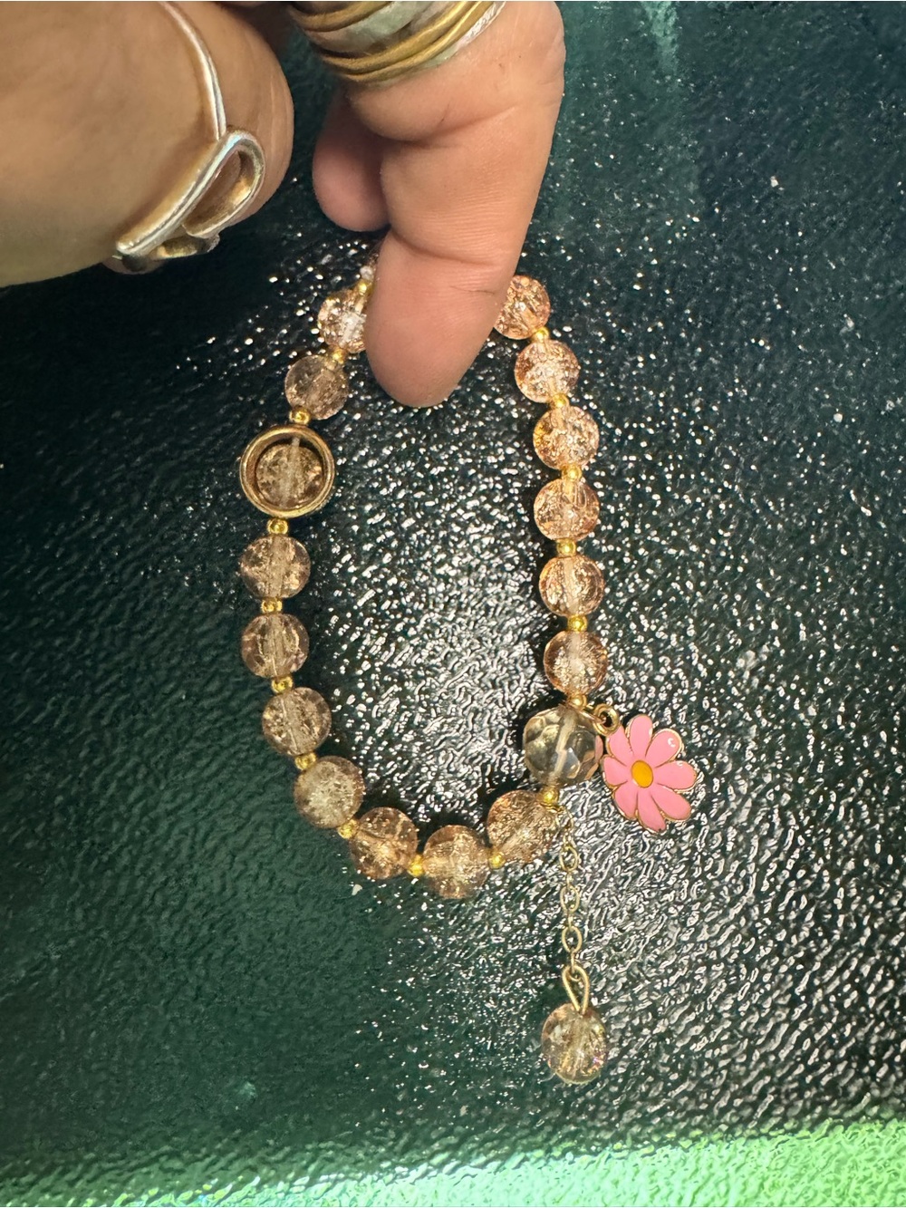 Gold-Tone Pink Flower Beaded Bracelet